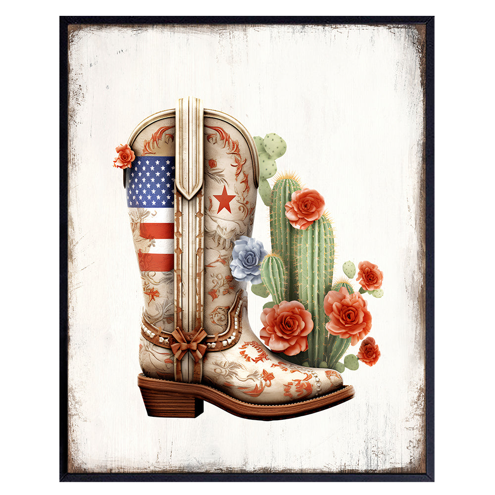 Rustic Country Farmhouse Wall Decor - Boho Shabby chic Western Home Decor - Patriotic American Flag Cowgirl Cowboy Boot Decor - Texas Southwestern Cactus Wall Art for Women, Girls Bedroom, Teen Room