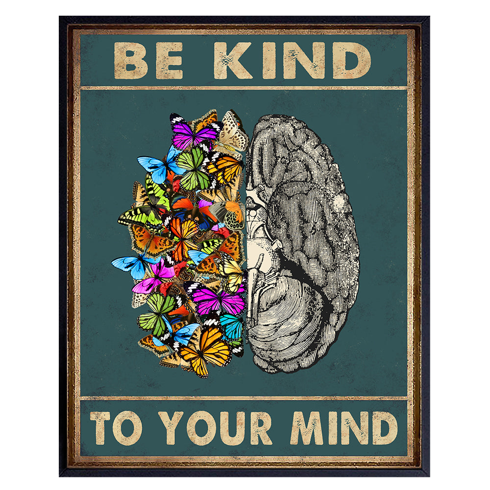 Yellowbird Art &amp; Design Wall Art &amp; Decor - Be Kind to Your Mind Mental health Wall Art- Vintage Butterflies Brain Wall Art Poster - Zen Meditation Wall Art - Office Family Living room Bedroom Wall Art