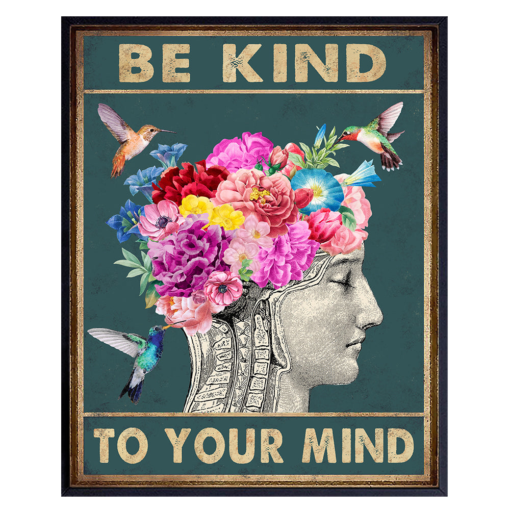Yellowbird Art &amp; Design Wall Art &amp; Decor - Be Kind to Your Mind Inspiration Saying - Vintage Hummingbirds Mental health Brain Wall Art Poster - Zen Meditation Office Living room Bedroom Wall Art 8x10