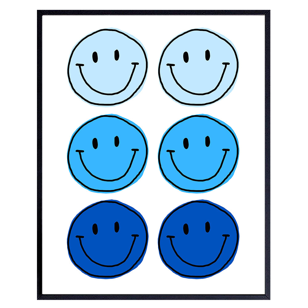 Smiley Face Wall Art &amp; Decor - Blue Smile Preppy Wall Art Poster print - Yellowbird Art &amp; Design Contemporary art Aesthetic Indie Grunge Home Decor - Living room, Boys Bedroom Decor UNFRAMED 8X10