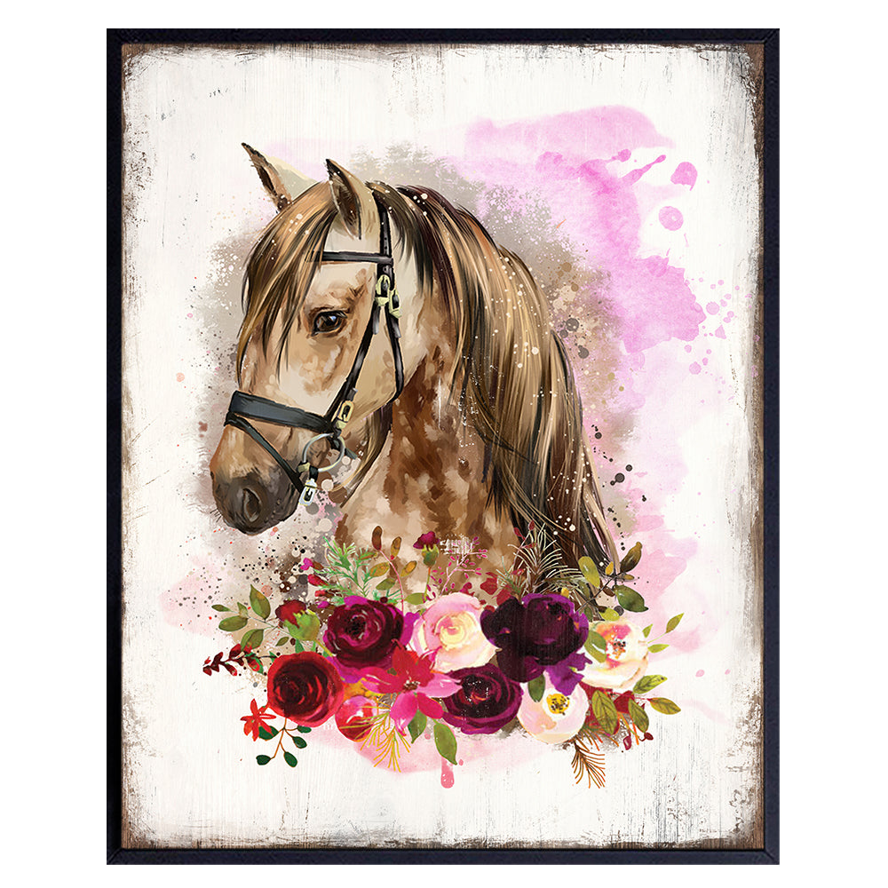 Boho Horse Wall Art &amp; Decor - Rustic Farmhouse Barn Wall Decor for Girls Bedroom, Office, Living Room - Country Western Shabby Chic Decorations - Gift for Equestrian Women - Pink Pony Poster