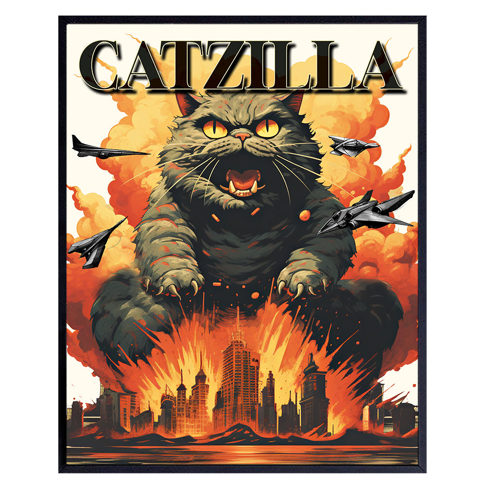 Funny Cats Wall Art &amp; Decor - Catzilla - Black cat - Funny Cat Poster - Cat Gifts for Men, Cat Dad, Boys&