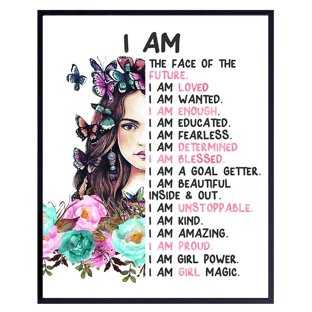 Positive Affirmations Bedroom Wall Art - Positive Quotes - I Am Tween Little Girls Room Decor Poster - Inspiration Daughter Gift - Inspirational Saying for Teen Girl - Yellowbird Art &amp; Design 8x10