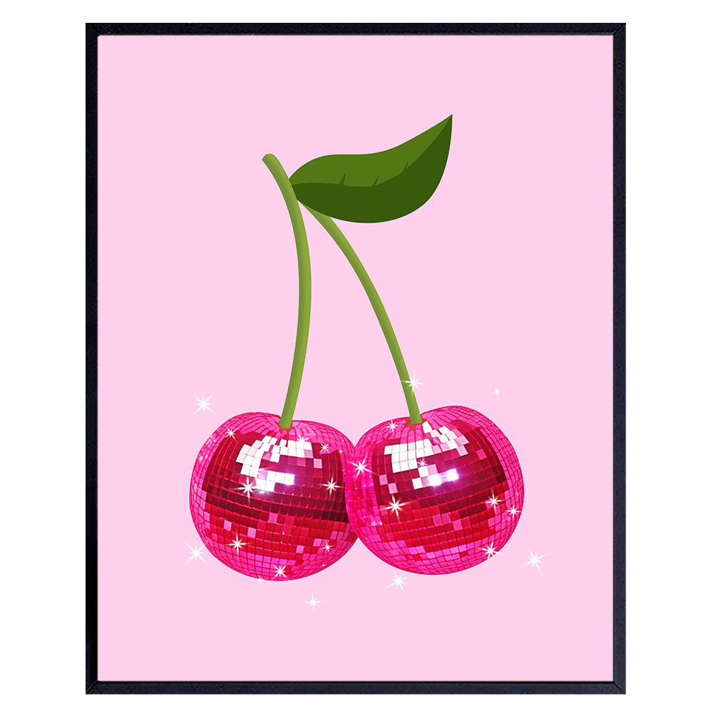 Trendy Retro Wall Art &amp; Decor - Cherry Disco Ball Home Decor Poster - Pink Funky Living room Wall Art- Preppy Stuff Room Decor - Girls Bedroom Dorm Teen Room Decor- Indie Eclectic Wall Decor Aesthetic
