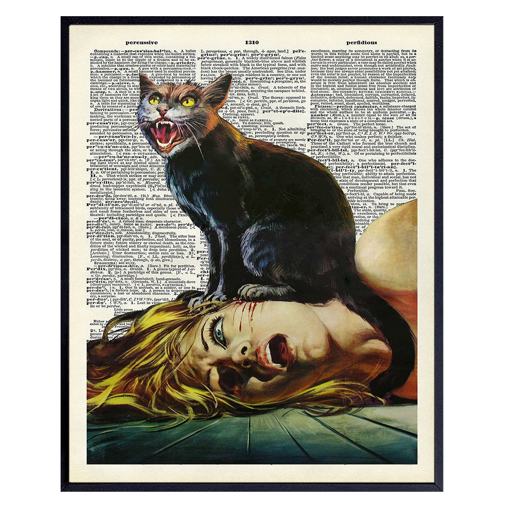 Cat Horror Movie Wall Art &amp; Decor - Black Cat Decorations - Cat Themed Picture Prints - Creepy Gothic Goth Scary Movie Poster - Cat Lover Gifts for Women, Men - Funny Cat Lady Home Decor 8x10