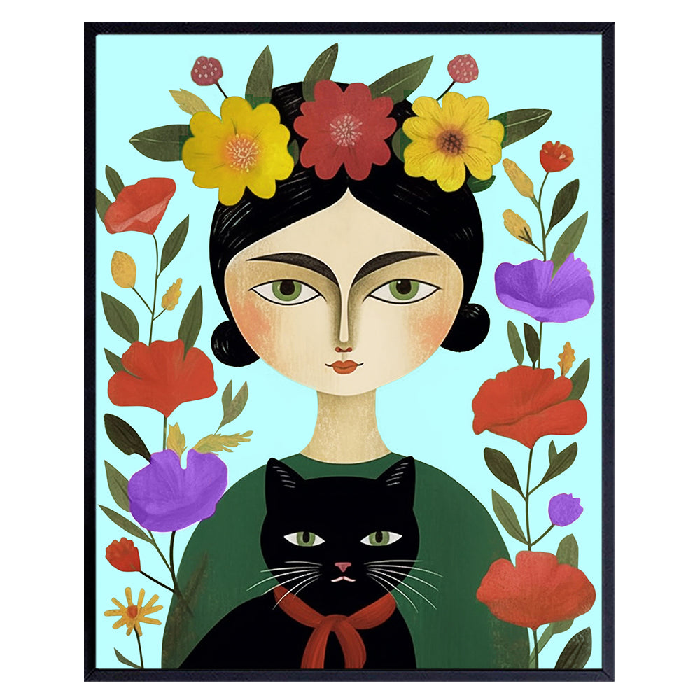 Cat Decor Frida Mexican Decor - Frida Poster 8x10 - Black cat Wall Art - Mexican Folk Art - Cute Cat Wall Decor - Mexicans Art - Cat Gifts for Women - Cat Mom, Cat Themed Gifts - Cat Lover Gifts