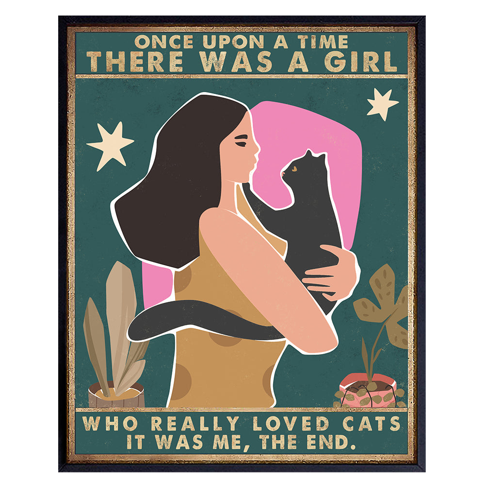 Yellowbird Art &amp; Design - Black cat Wall Art - Cute Cat Poster - There Once Was a Girl Who Really Loved Cats - Cat Lover Gifts for Women Girls - Aesthetic Room Decor for Women - UNFRAMED 8X10