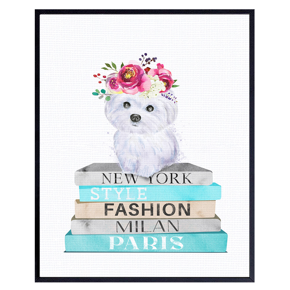Puppy Dog Wall &amp; Decor - High Fashion Designer Wall Decor - Dog Lover Gifts - Fashion design Glam Wall Art Poster - Cute Blue Bedroom Decor - Glamour Luxury Haute couture Wall Art - Maltese dog 8x10
