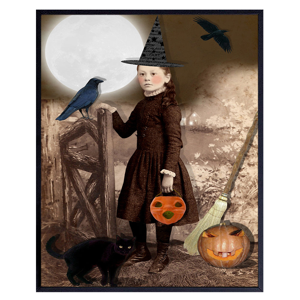 Halloween Witch Wall Art &amp; Decor - Black cat Wall Art - Witchy Room Decor - Wicca Wiccan Pagan Wall Art - Goth Wall Art Poster - Full moon Raven Crow Jack-o&