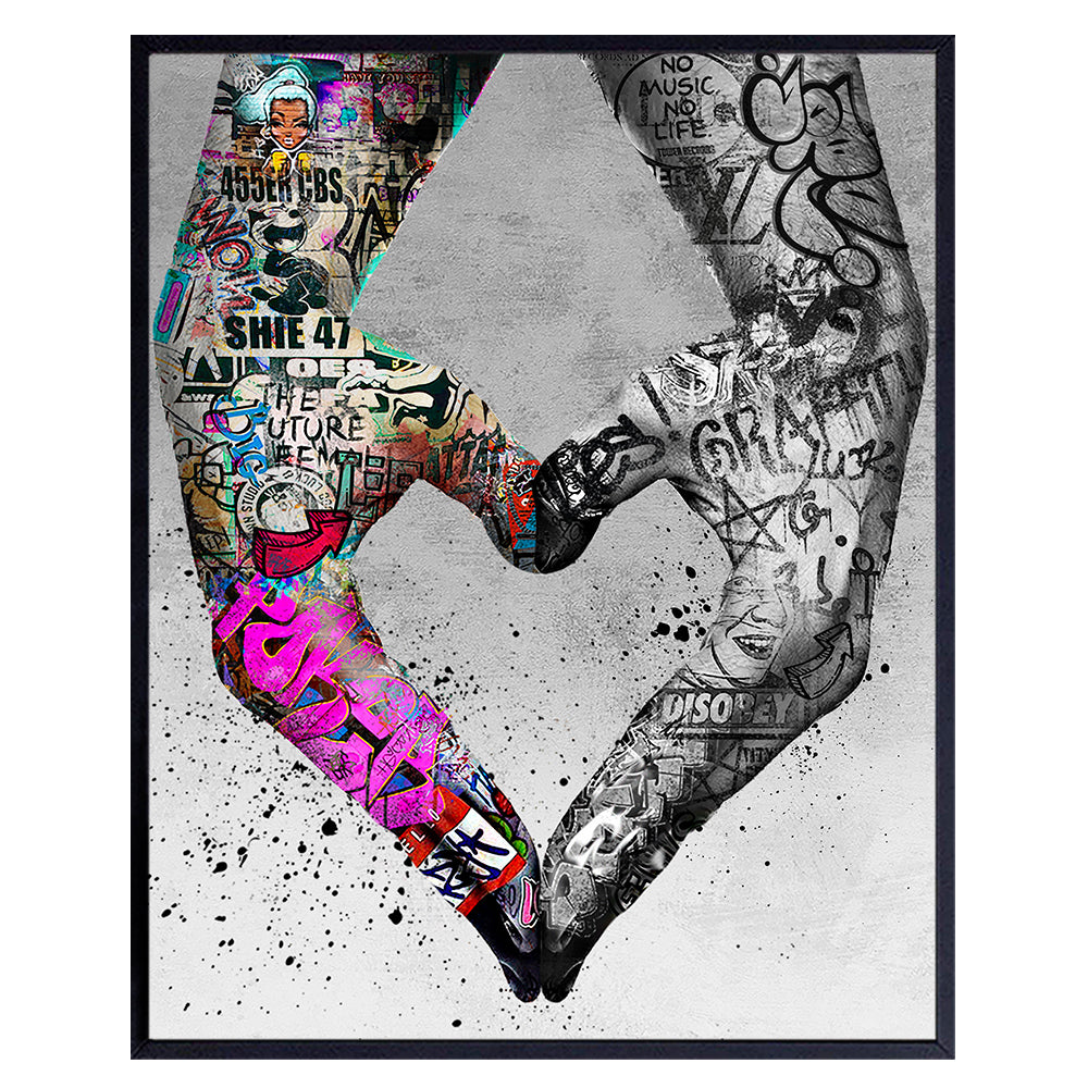 Hand heart Love Wall Art - Graffiti Wall Art - Banksy Wall Art &amp; Decor - Heart Decor - Bedroom Wall Decor Living room Aesthetic - Urban Home Decor for Women - Wedding Gifts - Anniversary Gifts