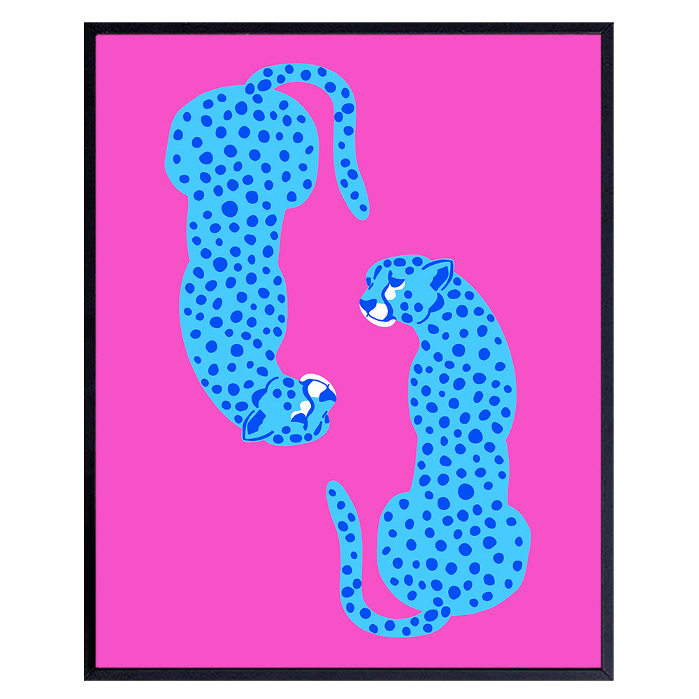 Mid-century Modern Aesthetic Cheetah print Wall Art - Minimalist Wall Art - Pink Blue Indie Preppy Room Decor Poster - Living room Bedroom Decor for Women Woman - Leopard Wall Art &amp; Decor - UNFRAMED