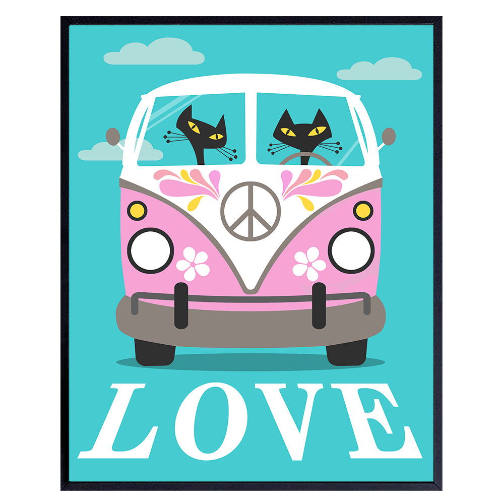 Hippie decoration Cat Wall Art - Boho-chic Cat Lover Wall Decor - Retro style Love Wall Decor - Mid-century modern 60s 70s Wall Decor Couples Gift - VW Bus Wall Art Hippy Room Decor - UNFRAMED 8X10