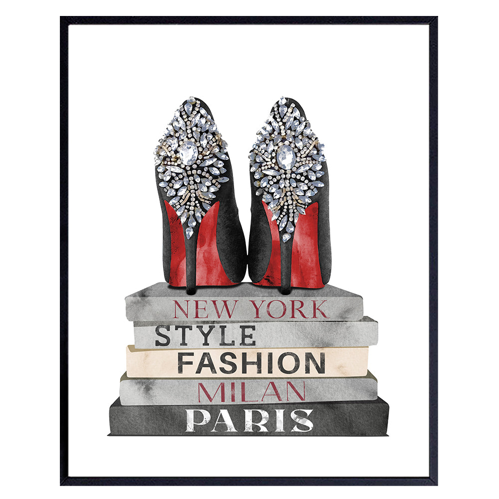 Fashion Design Wall Art - Designer Shoes Poster Print - Glam Home Decor - Glamour Wall Decor - Luxury Gifts for Women - Books - Girls Bedroom, Living room Decor