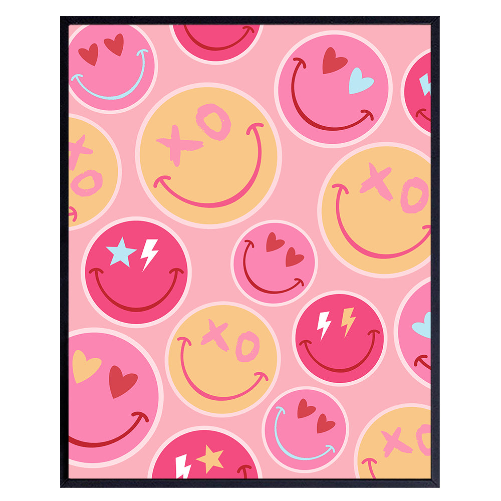 Smiley Face Wall Art Poster 8x10 - Yellowbird Art &amp; Design Pink Yellow Retro Smile Preppy Wall Art &amp; Decor - Contemporary art Aesthetic Indie Trippy Home Decor print - Girls Bedroom Decor UNFRAMED