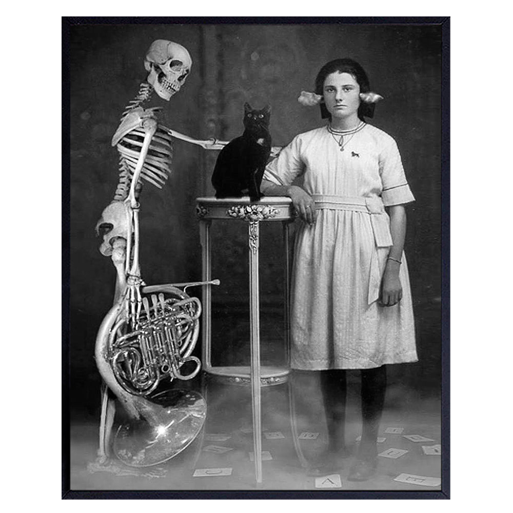 Skeleton Wall Art &amp; Decor - Black Cat Decor - Vintage Goth Wall Art - Creepy Weird Gothic Home Decor - Wicca Wiccan, Witchcraft Supplies - Paganism Pagan Gifts - Human Anatomy Photo - Scary Picture