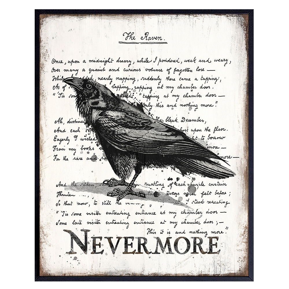 The Raven Wall Art &amp; Decor - Nevermore - Edgar Allan Poe Gift - Goth Room Decor - Gothic Home Decor - Creepy Poem Poetry Wall Art - Vintage Rustic Decoration - Retro Style Poster Print 8x10 UNFRAMED