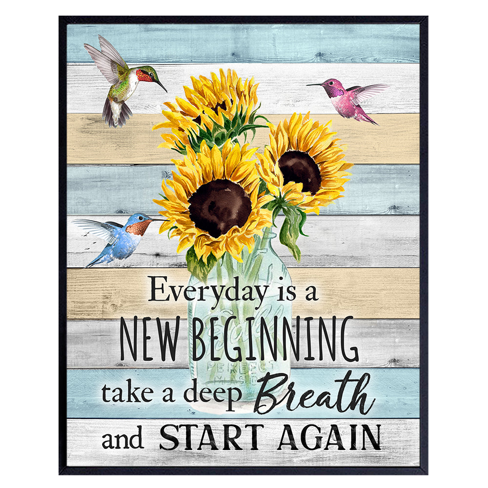Inspirational Wall Art &amp; Decor - New Beginnings Hummingbirds Sunflowers Rustic Boho Family Wall Art - Inspiration Saying Quotation - Positive Quotes Wall Decor - Encouragement Gifts for Women Woman