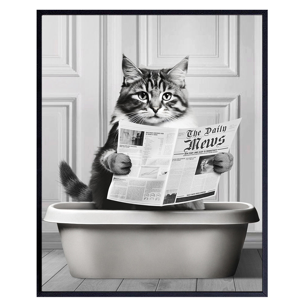 funny Bathroom Wall Decor - Cute Cat Wall Art &amp; Decor - Grey Gray Bathroom Decorations - Black and White small Bathroom Pictures Accessories - Cat Mom - Cat Stuff - Tabby cat Poster - Cat Lover Gifts
