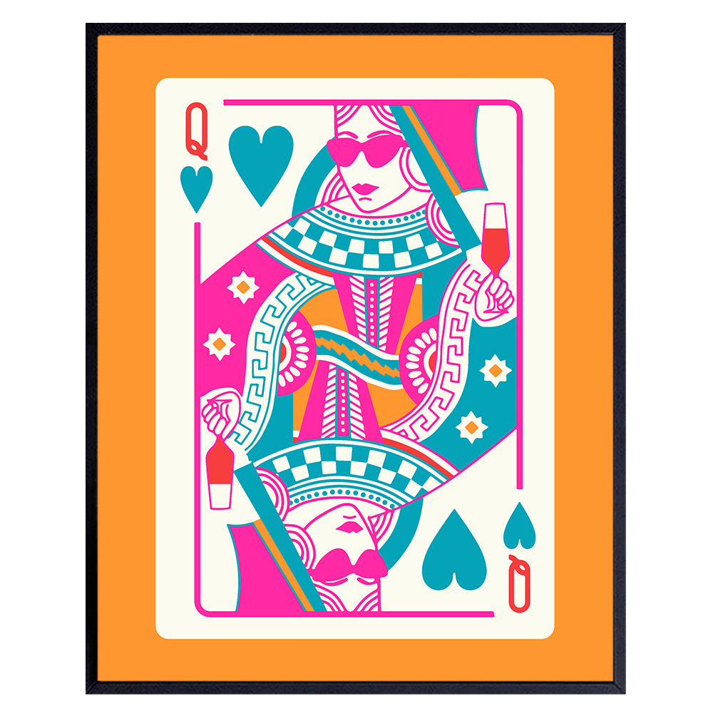 Queen of Hearts Preppy Room Decor - Queen O Hearts Cute Trendy Aesthetic Wall Decor for Women - Funky Blue Pink Orange Bar Decor - 70’s Retro Chic Home Decor - Maximalist Bedroom Living room Wall Art