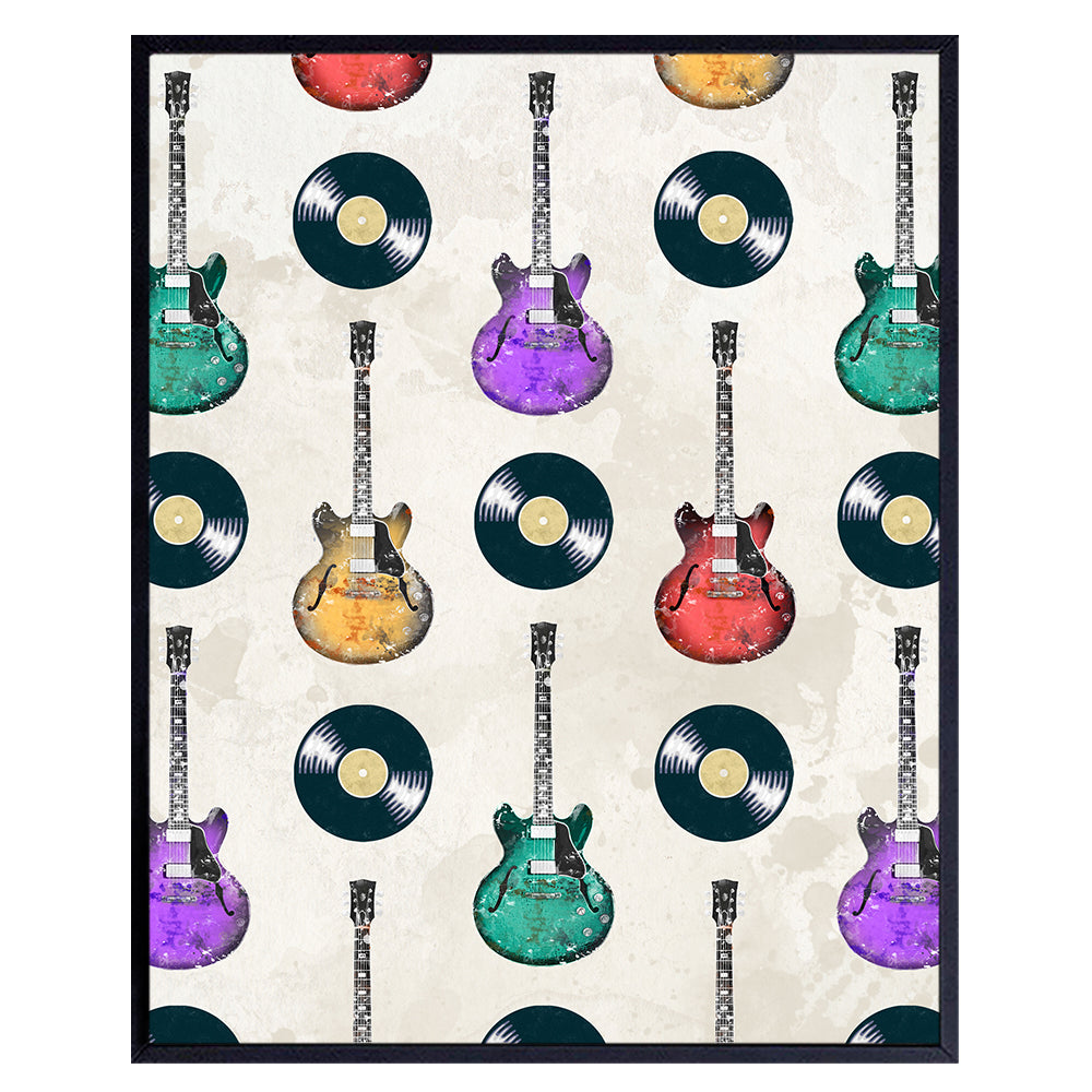 Vintage Music Wall Art &amp; Decor - 80s 90s Retro style Electric guitar Vinyl record Poster - Musician Gift - Guitar Wall Art - Man cave Aesthetics Home Decor - Yellowbird Art &amp; Design 8x10 UNFRAMED