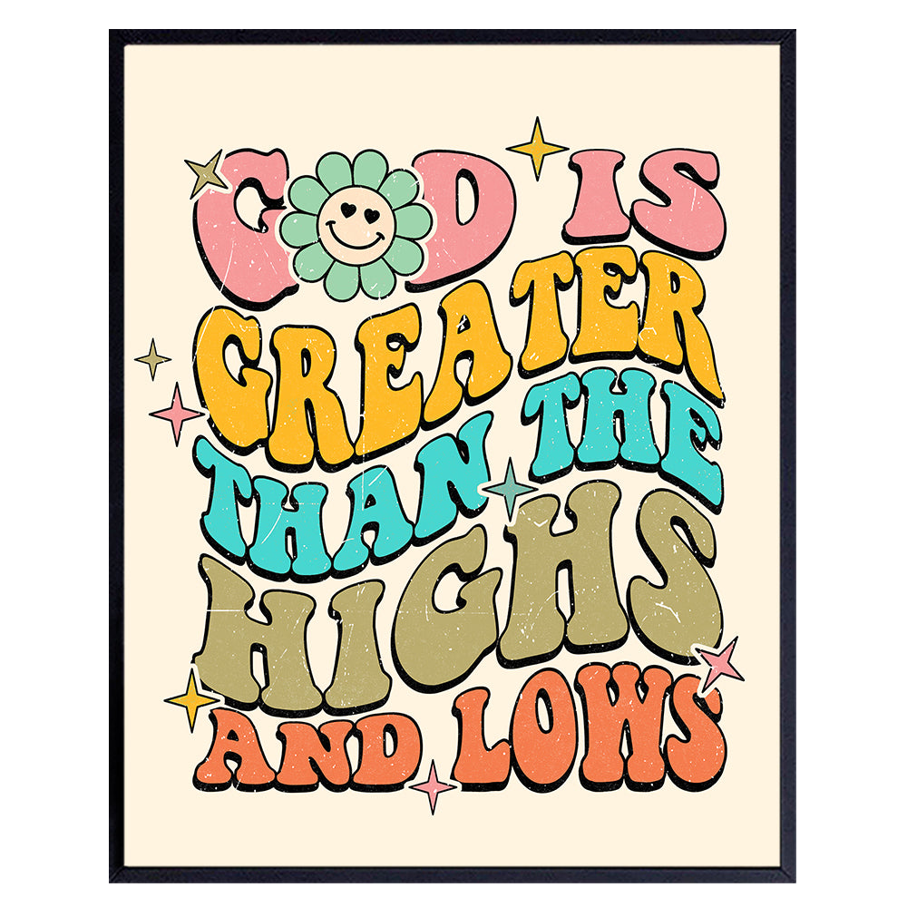 Retro Christian Wall Decor for Women - God is Greater Than The Highs And Lows - Girl Bedroom Boho Wall Art &amp; Decor - Religious Gifts for Woman, Teens - 70s Scripture Bible Verse spiritual Home Decor