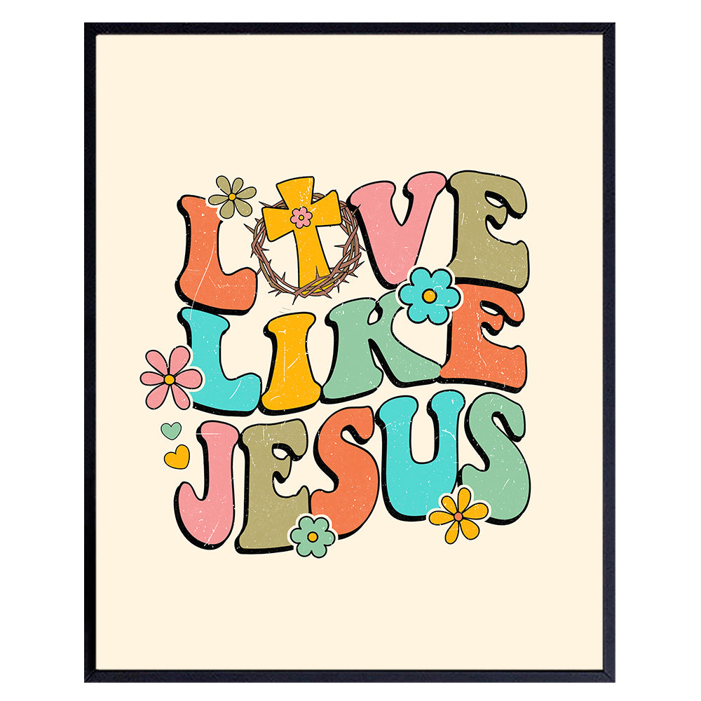 70s Retro Christian Wall Decor - Love Like Jesus Wall Art for Women - Vintage Hippie Flower Power Motivational poster - Bible Verse spiritual Gifts - Faith, Gratitude, Boho Home Decor for Women, Girls