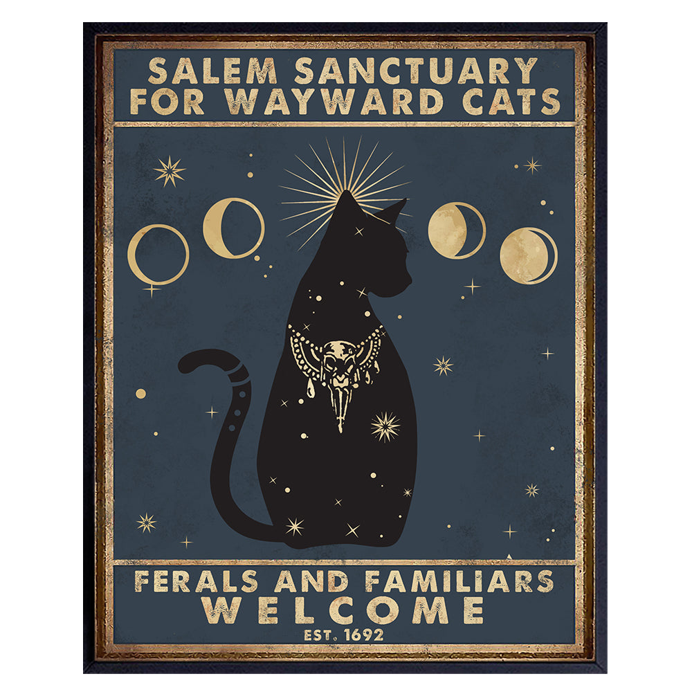 Yellowbird Art &amp; Design Black cat Wall Art - Salem Sanctuary for Wayward Cats - Witchy Room Decor, Gifts - Pagan Decor - Celestial Decor - Wiccan, Wicca, Witch, Goth, Halloween Poster 8x10 UNFRAMED
