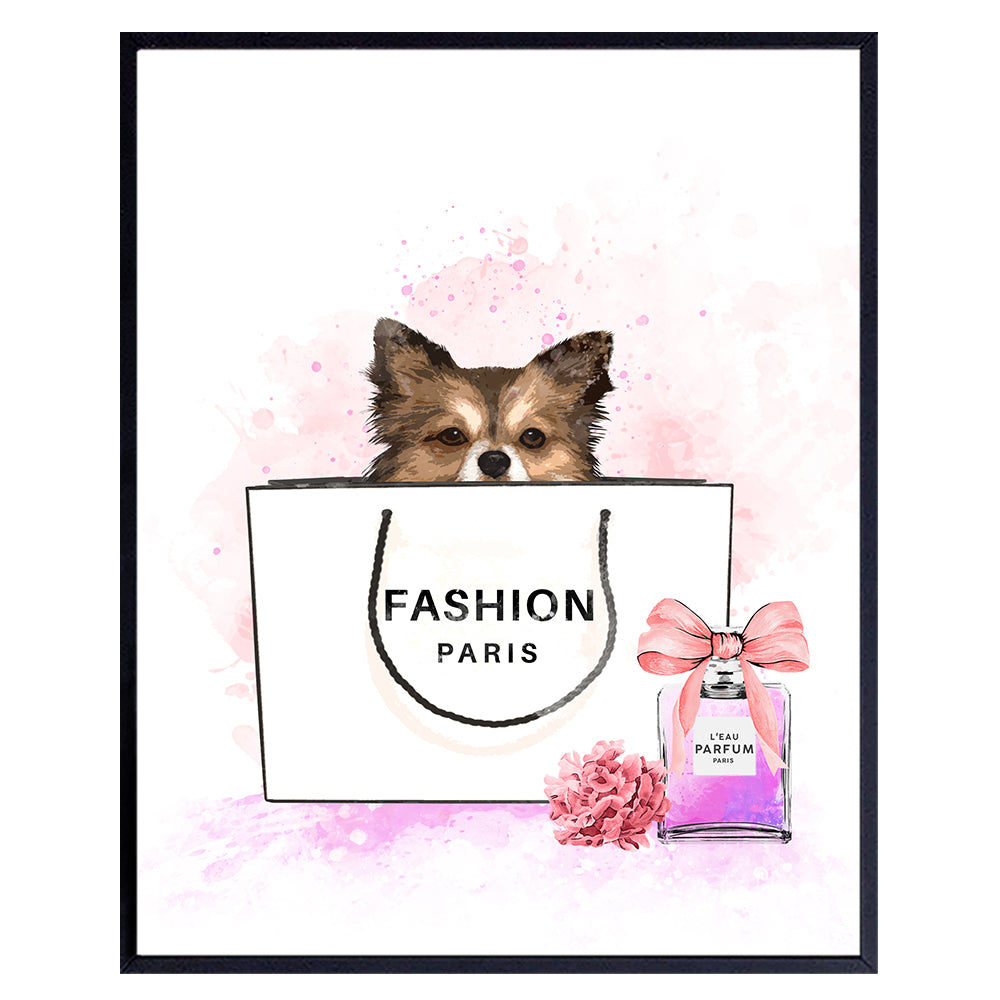Yellowbird Art &amp; Design Fashion designer Perfume Wall Art &amp; Decor - Glam Dog Wall Decor - Fashion Design Home Decor print - Pink Bling decoration - Luxury Gift for Fashionista Woman Girl UNFRAMED