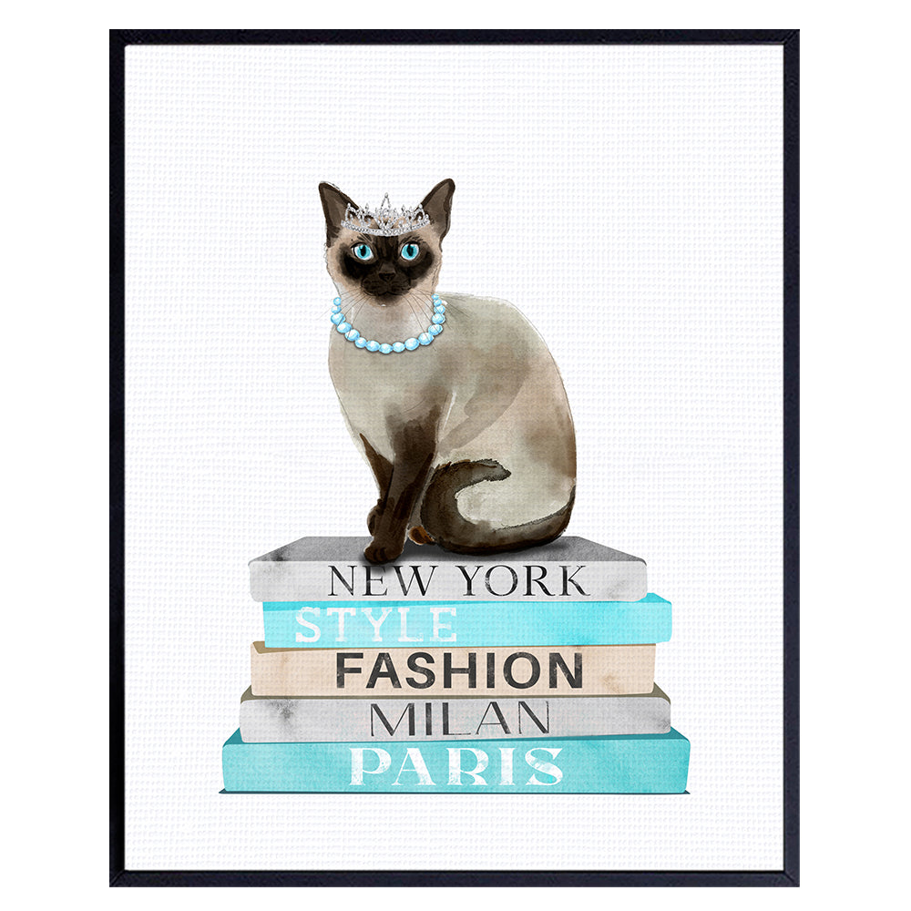 Blue Cat Wall Art &amp; Decor - Poster of Glamour Haute couture Books - Glam Siamese cat Wall Decor for Living room, Bedroom - Cute Fashion Design Cat Gifts for Women, Girls - Designer Wall decoration