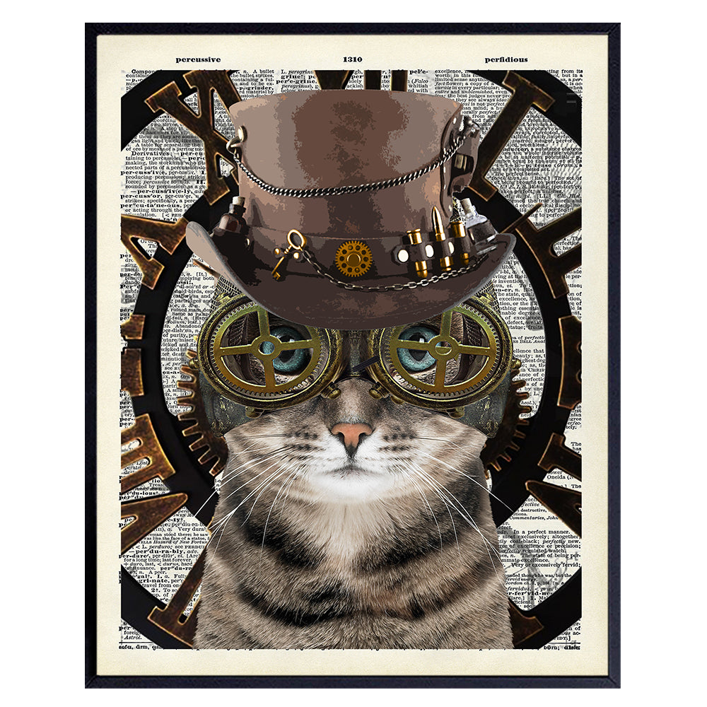 Steampunk Cat Wall Art &amp; Decor - Steampunk Accessories - Gothic Home Decor - Goth Room Decor - Kitty Kitten Cat Lover Gifts - Cat Gifts for Women - Cute Cat Posters for Girls Bedroom, Living Room