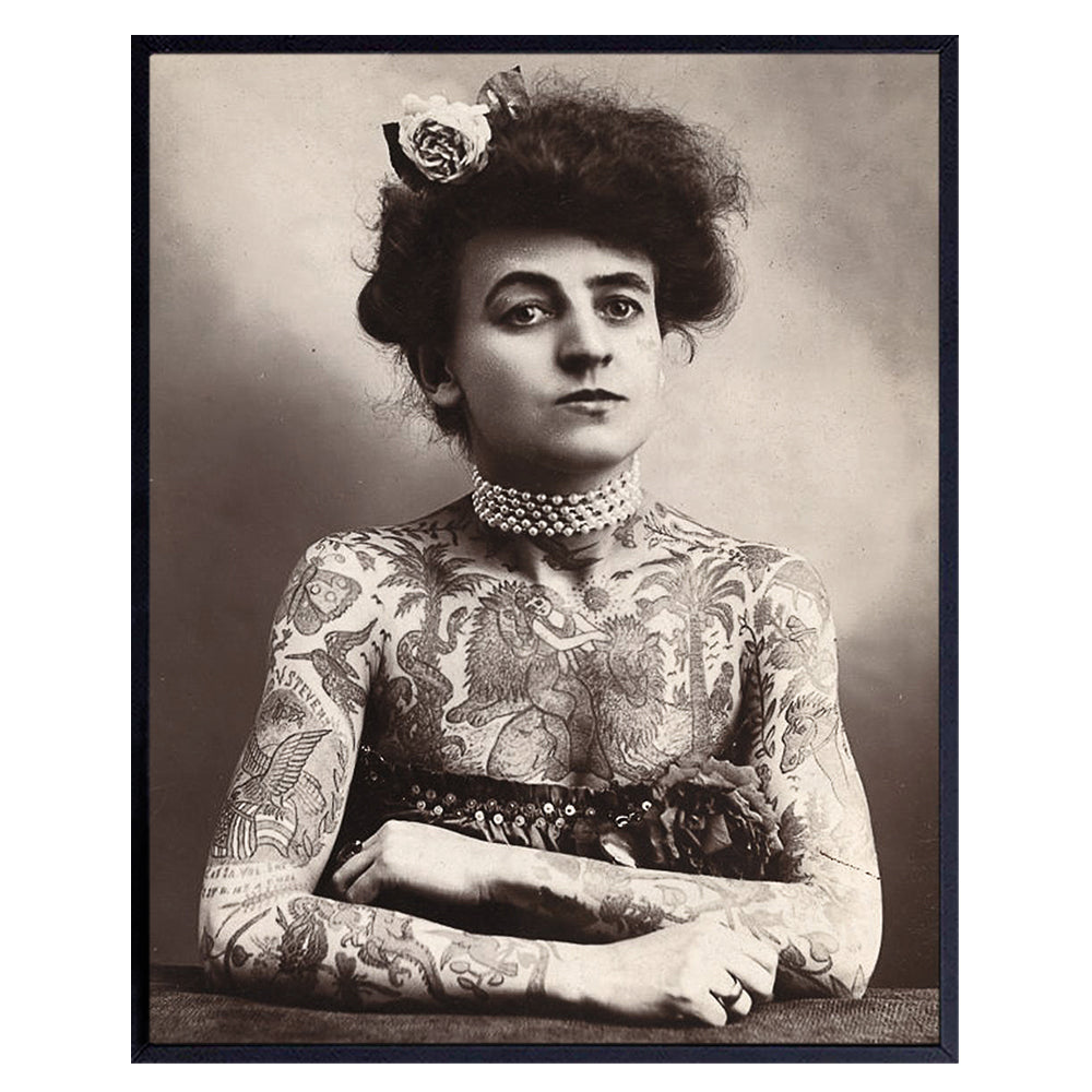 Vintage Circus Photos Wall Art &amp; Decor - Funny Tattoo Woman - Tattoo Studio Decorations Poster Picture Prints - Tattoo Shop Decor - Inked Tattooed Lady Chic - Man Cave - Biker Bar - Garage