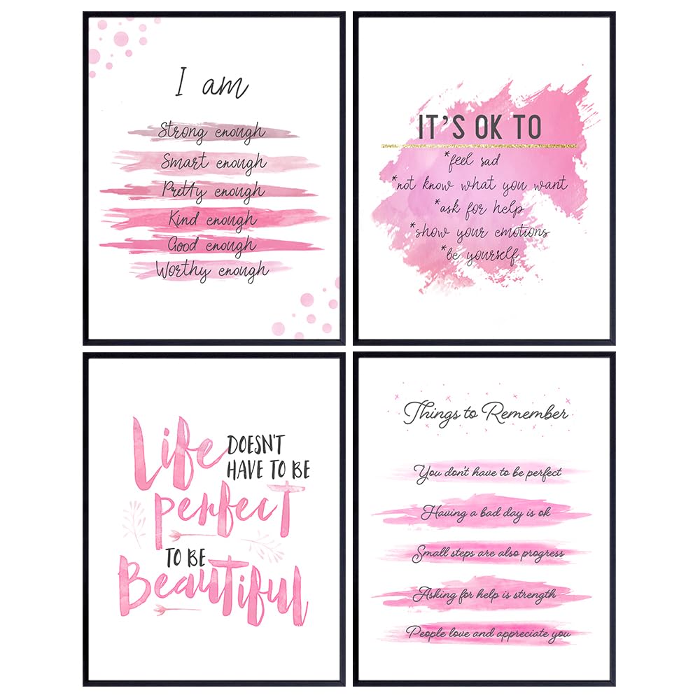 Yellowbird Art &amp; Design Inspirational Quotes Wall Decor - Pink Motivational poster Set - Positive Affirmations Wall Art - Encouraging Gift for Women Girls - I Am - Inspiring Wall Art - UNFRAMED 8x10