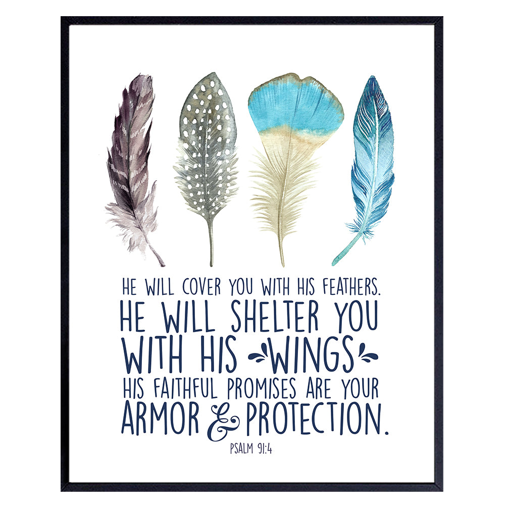 Christianity Bible Verse Art Print - Psalm 91 - He Will Cover You With His Feathers - Religious Scripture Wall Decor for Women - Inspirational Christian Gift - spiritual Bedroom Decoration