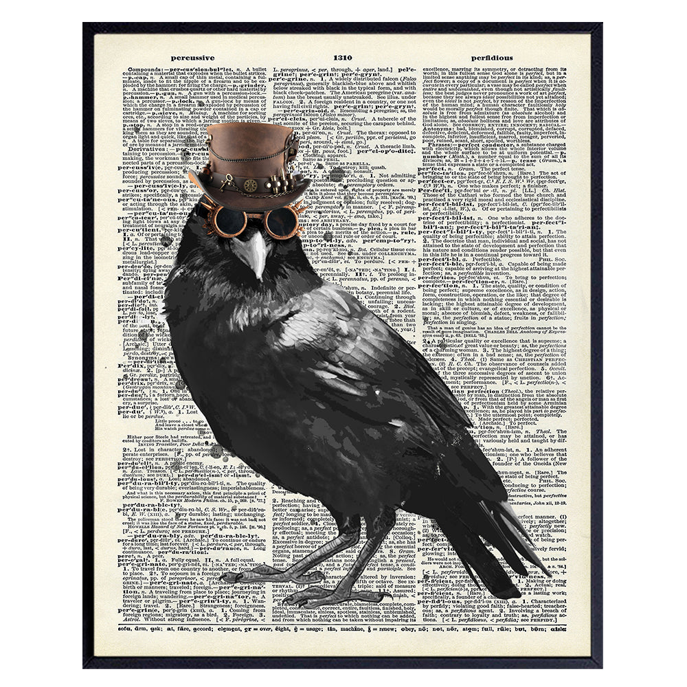 Edgar Allan Poe Gothic Steampunk Raven Wall Art - Renaissance Hipster Dictionary Print for Gothic Home Decor - Spooky Gothic Living Room Accessories - Hipster Gift for Men, Women - Vintage