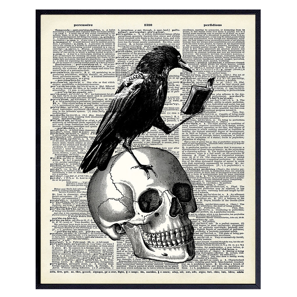 Edgar Allan Poe The Raven Gothic art - Vintage Skull Home Decor, Room Decoration for Goth Fans - Horror Poster - Spooky Wall Art, Creepy Decorations - Gothic Room Decor Aesthetic for Halloween