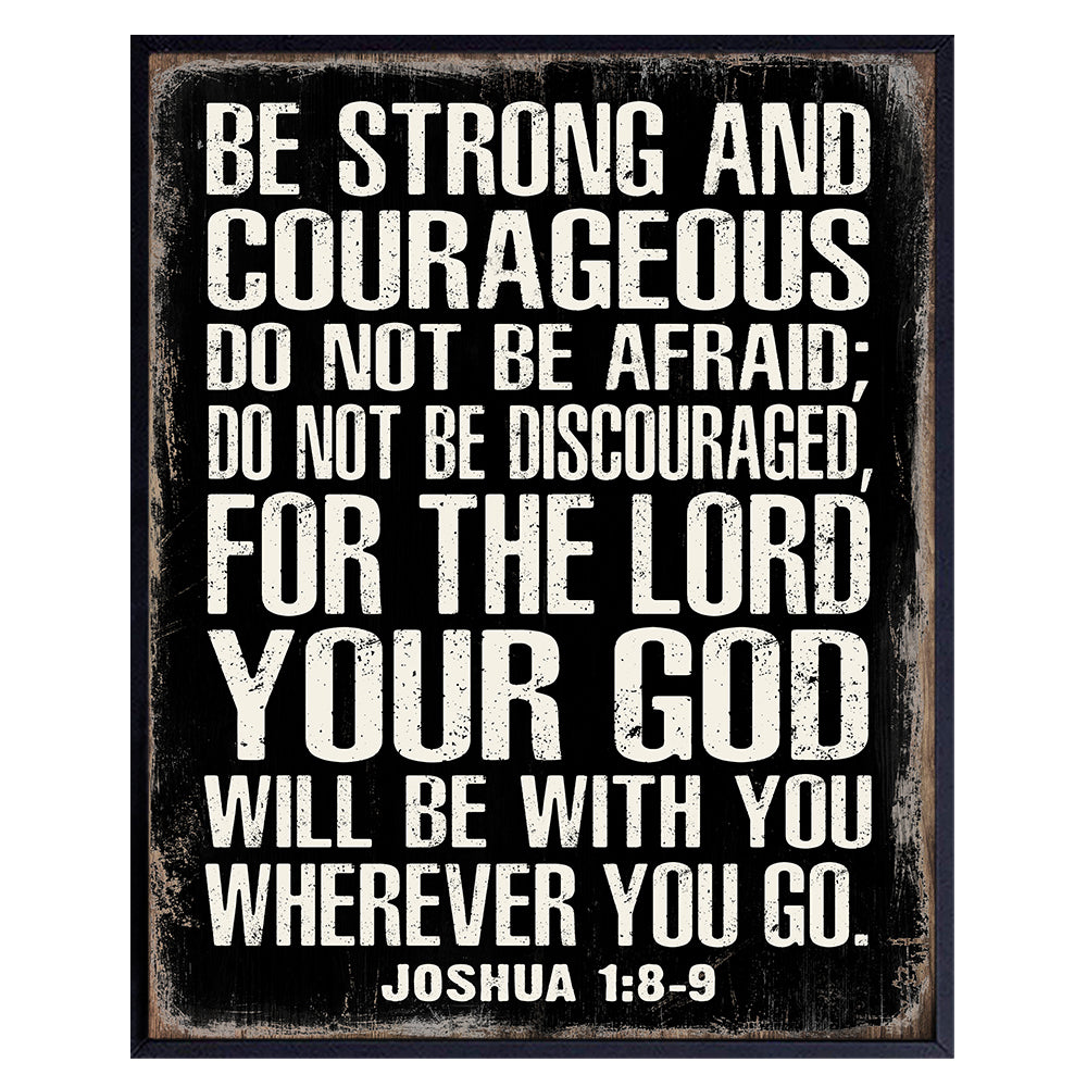 Christianity Wall Art - Inspiration Bible Verse Poster for Man Cave - Masculine Religious Decor - Motivation Scripture Wall Decor - Joshua 1:9 - Courage Gifts for Men - Be Strong and Courageous