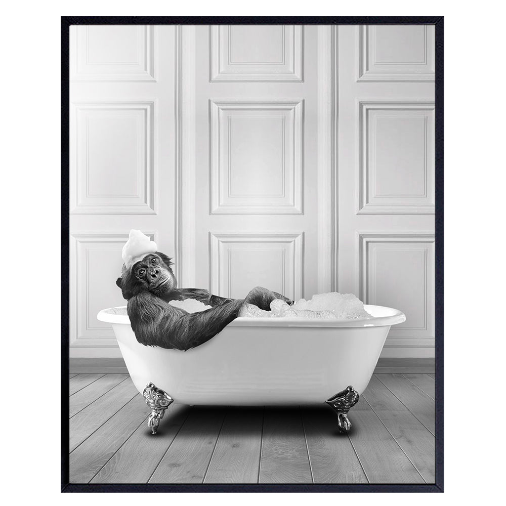 Funny Bathroom Wall Art &amp; Decor - Monkey Chimp Bathroom Decor for Men, Women - Modern Bathroom Accessories - Cool Unique Bathroom Sign - Powder room, Guest Bathroom Pictures - Grey Black White