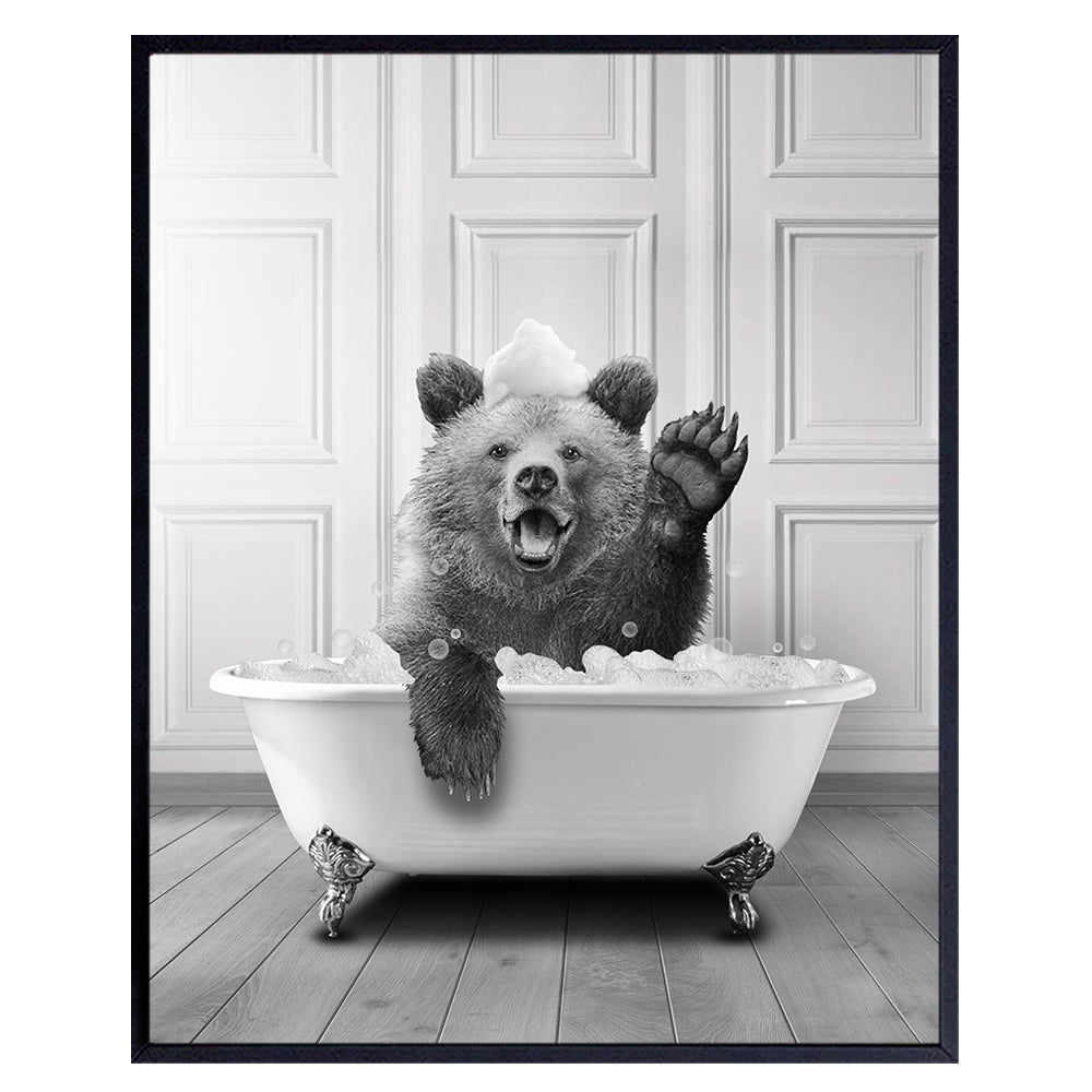 Cute Bear Bathroom Wall Decor - Funny Bathroom Art for Women, Kids - Black Bathroom Decor for Restroom, Powder Room - Bath Wall Decor - Modern Bathroom Accessories - Kids Bathroom Sign