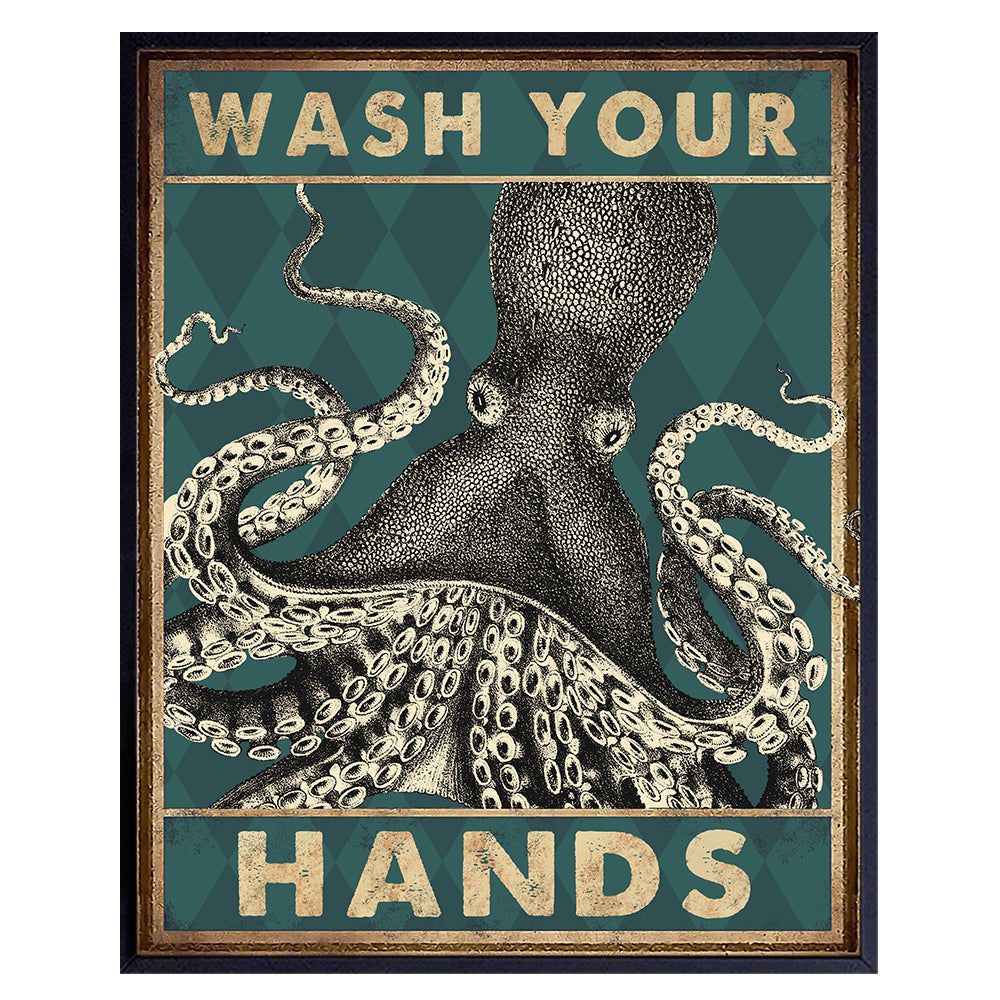 nautical Bathroom Wall Art - Beach Coastal Octopus Bathroom Decor - Wash Your Hands Sign - Funny Bathroom Decorations - Small Bathroom Wall Decor - Cute Restroom Pictures - Powder Room Poster