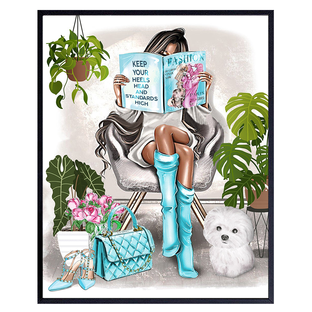 Glam Girls Bedroom Wall Art - Living room, Teen Room - Blue Designer Wall Decor for Girls - Daughter gifts - Housewarming Gifts for Women - Black Girl, African American Woman Poster Picture