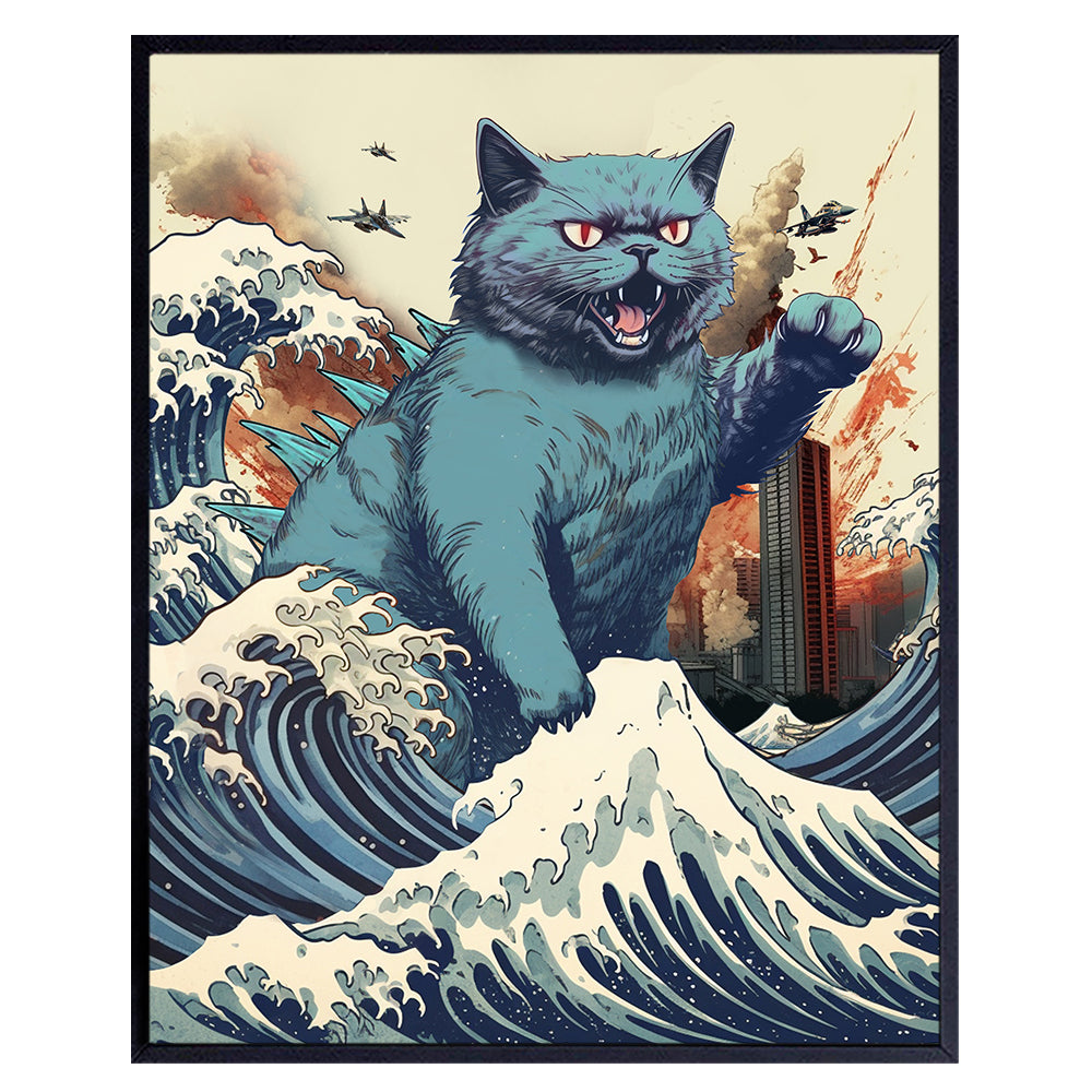 Funny Cat Wall Decor - Cat Dad &amp; Cat Mom Gifts - Cat Themed Cute Cat Poster - Cat Wall Art Decor - Cat Gift for Cat Lovers - Retro Vintage Cat Decorations - The Great Wave off Kanagawa